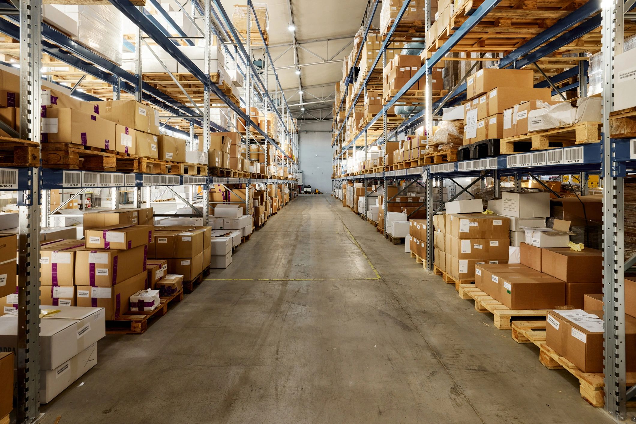 Packages prepared for shipping in a distribution warehouse