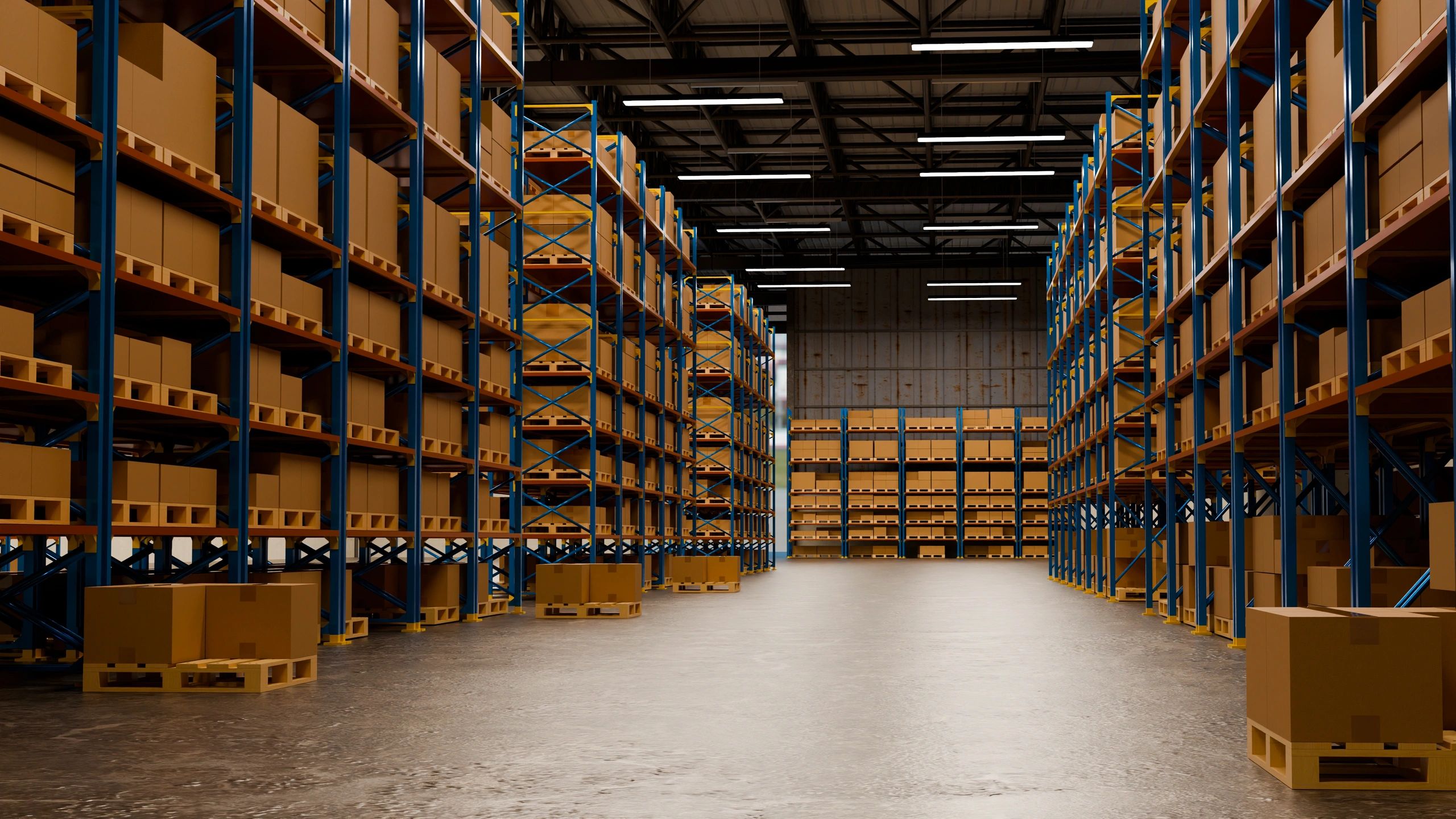 Stacked shipping boxes in a clean warehouse environment
